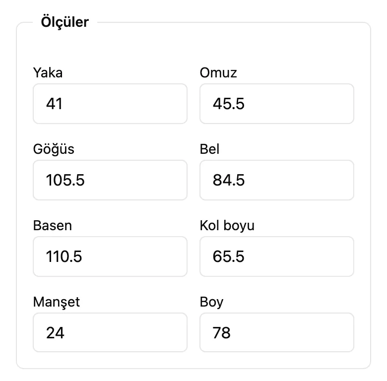 Gömlek ölçü formu: yaka, omuz, göğüs, bel, basen, kol boyu, manşet ve boy alanları, müşterinin önceki ölçüleriyle dolu.